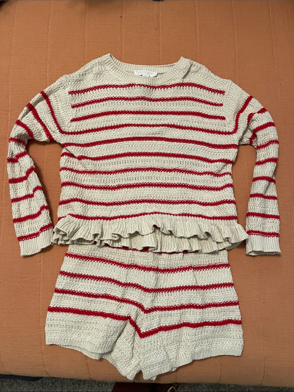Jessica Simpson Cream and Red Striped Knit Ruffle Sweater & Shorts Set - Kids